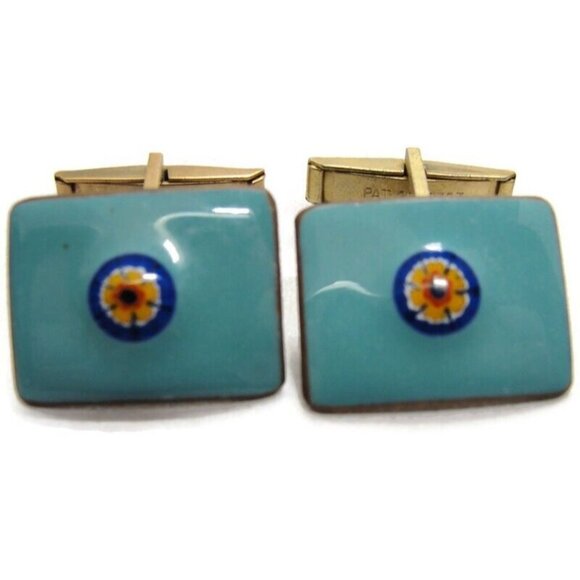Blue Mosaic Enamel Copper Cufflinks Rectangle Shirt Accessories Wedding Vintage - Picture 2 of 14